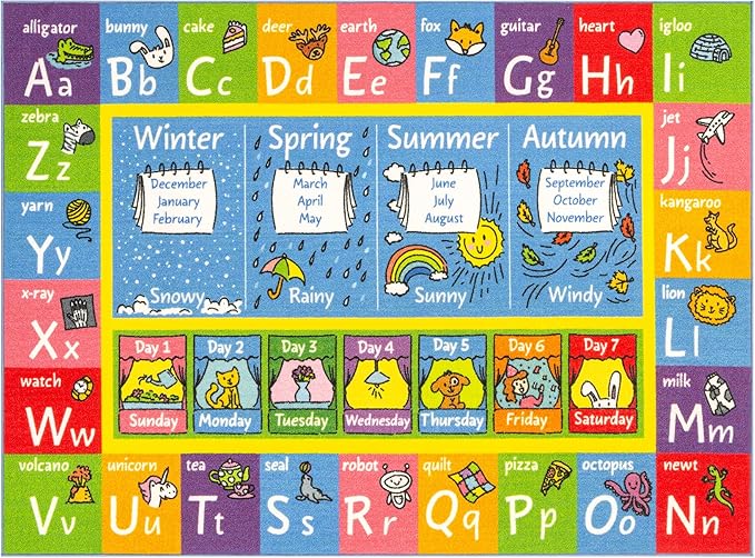KC Cubs 5x7 ABC Alphabet, Seasons, Months & Days Rug – Educational Play Mat Carpet for Kids, Toddlers, Nursery, Classroom, Playroom, Baby Daycare