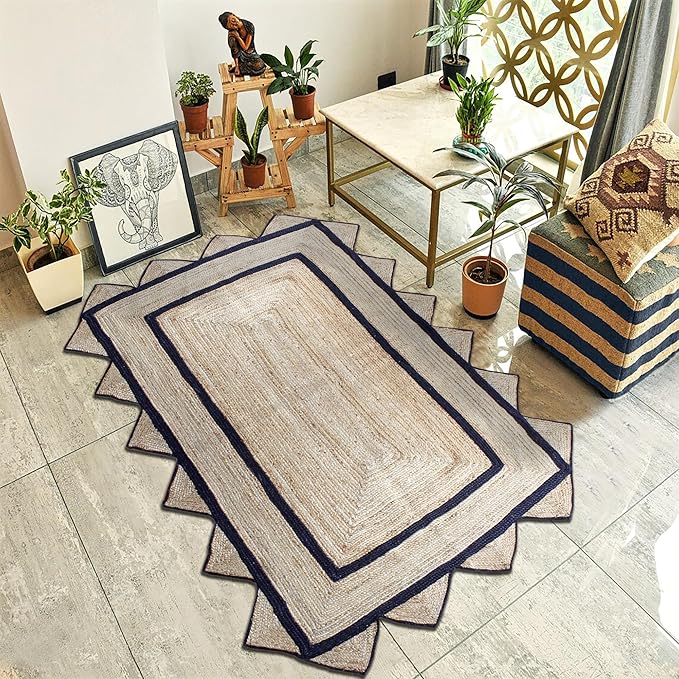 Scalloped Edge Rug, Hand Woven Natural Jute Area Rug, 8x10 Ft Beige & Black Braided Sisal Kilim Rugs for Living Room, Kitchen, Entryway, Farmhouse
