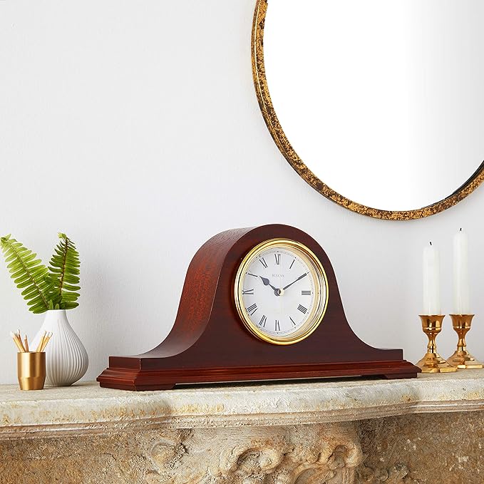 Bulova B1929 Bulova Annette I Chiming Mantel Clock, Model B1929 | Classic Mahogany Finish | Westminster Melody on The Hour | Battery Powered I Chiming Clock