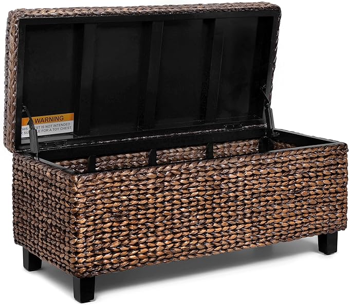 BIRDROCK HOME Abaca Storage Bench – Hand-Woven Wicker Entryway Bench w/Lift-Top Hidden Storage, Solid Wood Frame - Brown Wash