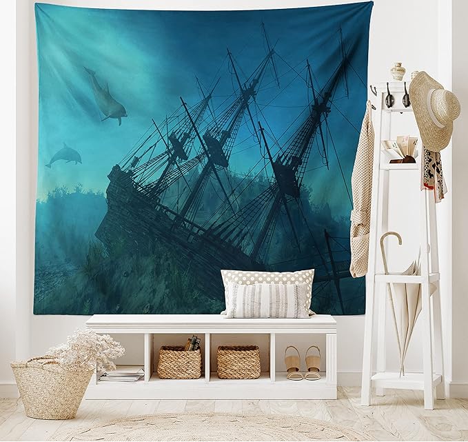 Ambesonne Nautical Tapestry, Dolphins Ruined Wreckage Underwater Sunken Ship Mystery Treasure, Fabric Wall Hanging Decor for Bedroom Living Room Dorm, 28" X 23", Blue Teal