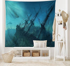 Ambesonne Nautical Tapestry, Dolphins Ruined Wreckage Underwater Sunken Ship Mystery Treasure, Fabric Wall Hanging Decor for Bedroom Living Room Dorm, 28" X 23", Blue Teal