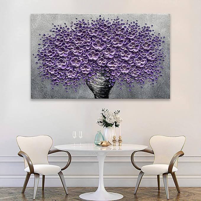 Epicler art hand-painted purple 3D flower decorative oil painting, flower wall decorative frame wall Art, modern Art living room, bedroom, office, hotel restaurant wall Art 28x40 inch