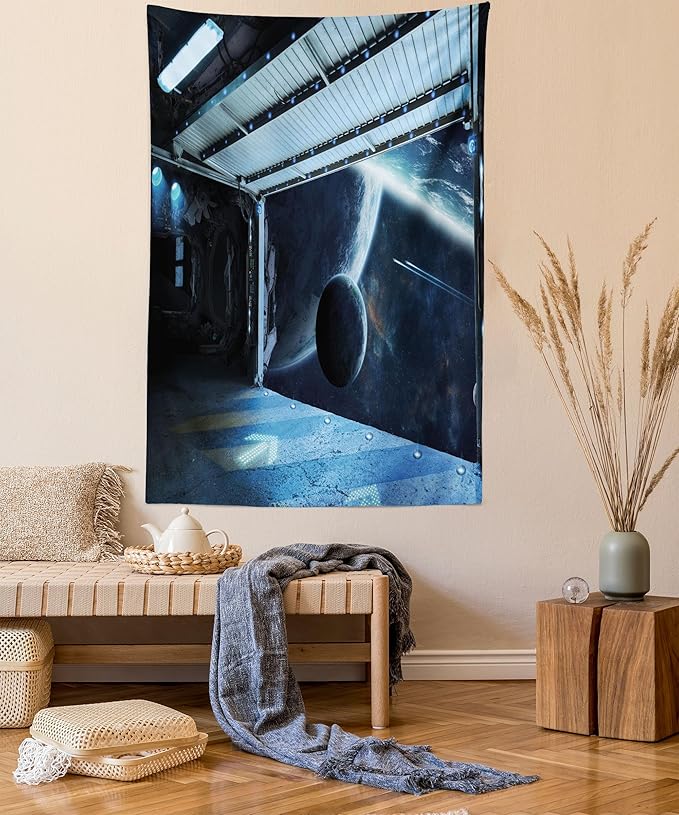 Ambesonne Outer Space Tapestry, Moon Before Station Planet Apocalypse Landing Alternative Humanoid Robots Print, Wall Hanging for Bedroom Living Room Dorm Decor, 40" X 60", Night Blue