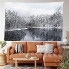 Ambesonne Woodland Tapestry King Size, Lake Surrounded by Snow Covered Trees on a Cold Winter Day in Finland Reflections, Wall Hanging Bedspread Bed Cover Wall Decor, 104" X 88", White Brown