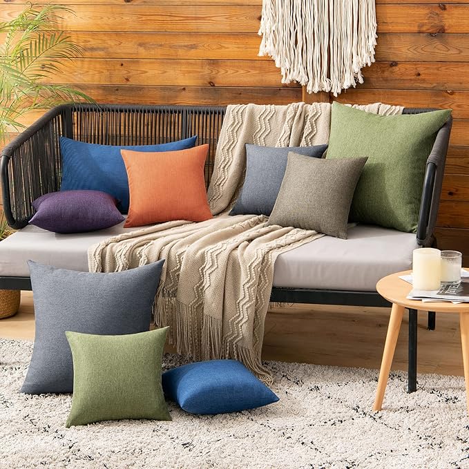 MIULEE Pack of 2 Decorative Outdoor Solid Waterproof Throw Pillow Covers Christmas Faux Linen Garden Farmhouse Cushion Cases for Patio Tent Balcony Couch Sofa 12x12 Inch Dark Green