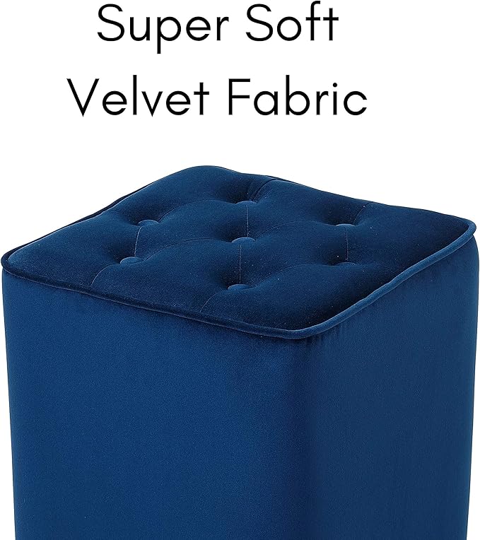 BIRDROCK HOME Tufted Navy Velvet Ottoman Foot Stool - Square - Soft Compact Padded Stool - Great for The Living Room, Bedroom and Kids Room - Upholstered Small Furniture