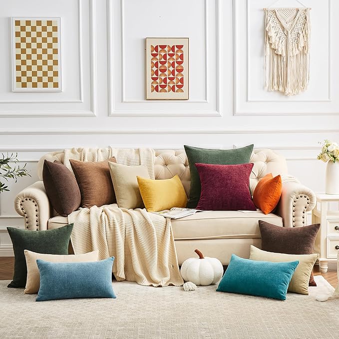 GAWAMAY Decorative Chenille Throw Pillow Covers 24x24 Inch Pack of 2, Soft Square Couch Pillow Cover for Sofa Cushion Living Room Bedroom Solid Dyed Pillowcases Coffee 60x60cm (ONLY Covers)