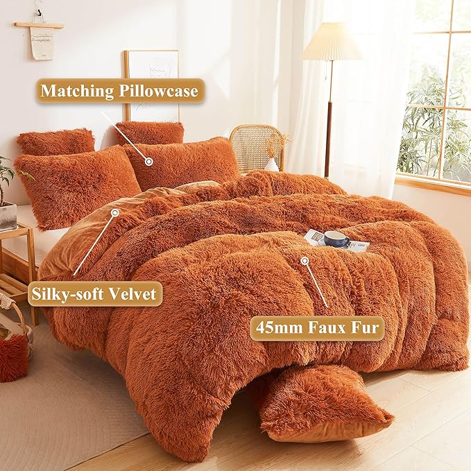XeGe Fluffy Faux Fur Duvet Cover Set, Luxury Ultra Soft Plush Shaggy Terracotta Bedding Set 3 Pieces Velvet(1 Fuzzy Comforter Cover + 2 Furry Pillow Cases), Zipper Closure (King, Burnt Orange)