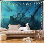 Ambesonne Nautical Tapestry, Dolphins Ruined Wreckage Underwater Sunken Ship Mystery Treasure, Fabric Wall Hanging Decor for Bedroom Living Room Dorm, 45" X 30", Blue Teal
