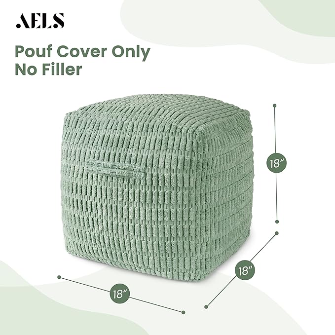 AELS Unstuffed Farmhouse Pouf Cover for Living Room, Boho Storage Bean Bag Cubes, Sage Green Soft Corduroy Plush Sripe Square Ottoman Pouf Foot Rest Footstool, 18"x18"x18", Cover ONLY