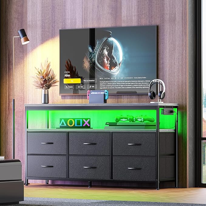 Huuger LED TV Stand for Bedroom, 47 Inch Dresser TV Stand for 43, 50, 55 Inch TV, Grey Black TV Stand with Storage, Entertainment Center with Power Outlets, 6 Drawer Fabric Dresser for Living Room