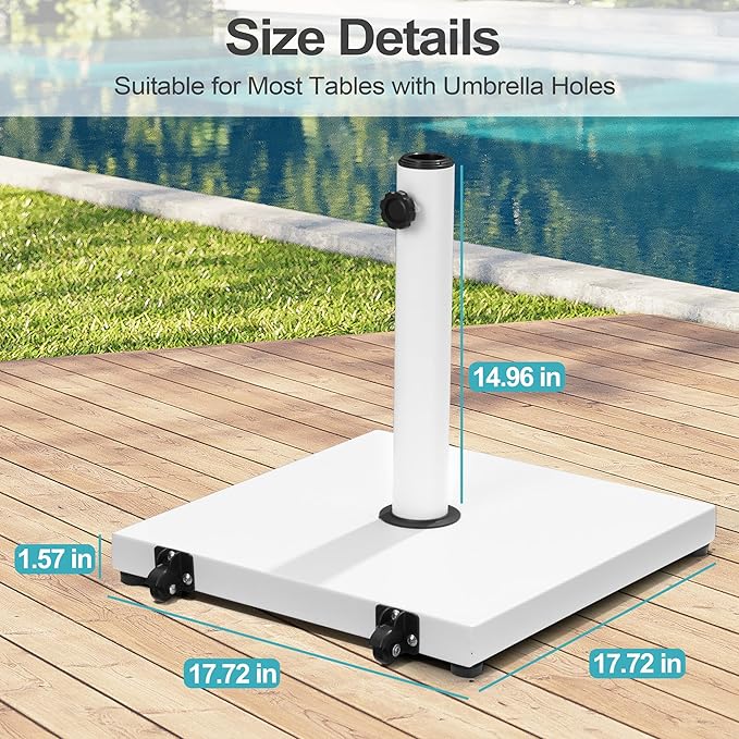 Patio Umbrella Base 43lbs Outdoor Umbrella Stand with Wheels, Heavy Duty Square Concrete Stand Market Umbrella, White