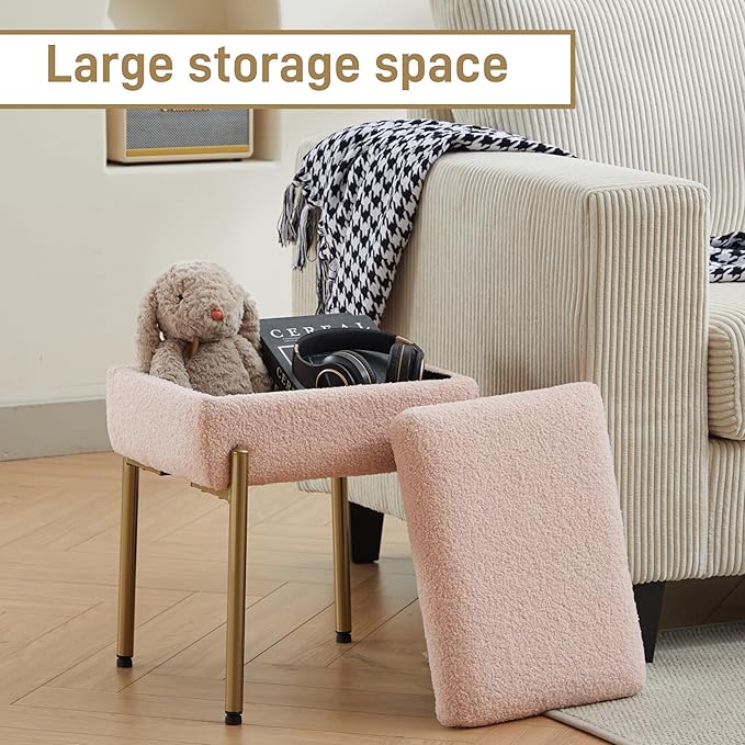 Vanity Stool Chair, Small Ottoman Stool with Storage, Makeup Vanity Chair with Anti-Slip Feet, Footstool Ottoman with Metal Legs, Storage Chairs for Makeup Room, Bedroom, Living Room (Pink)
