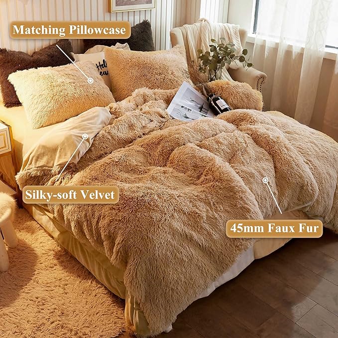 XeGe Plush Shaggy Duvet Cover Set, Luxury Ultra Soft Crystal Velvet Fluffy Bedding Sets 2 Pieces(1 Faux Fur Furry Comforter Cover + 1 Fuzzy Faux Fur Pillowcase), Zipper Closure(Twin, Camel)