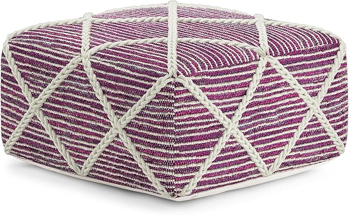 SIMPLIHOME Cowan Contemporary Square Pouf in Magenta and Natural Handloom Woven for the Living Room, Bedroom and Kids Room