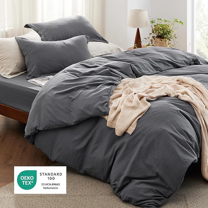 Bedsure Duvet Cover Full Size with Fitted Sheet - 4 Pieces Prewashed Cotton-Like Extra Soft Bedding Set, Includes 1 Duvet Cover 80x90 Inches, 2 Pillow Shams, 1 Fitted Sheet, Dark Grey