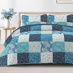 Exclusivo Mezcla Reversible Boho Quilts King Size, Navy Blue Bedspreads Lightweight Coverlet All Season Patchwork Quilt Bedding Set with Printed Floral Pattern (1 Quilt, 2 Pillow Shams)