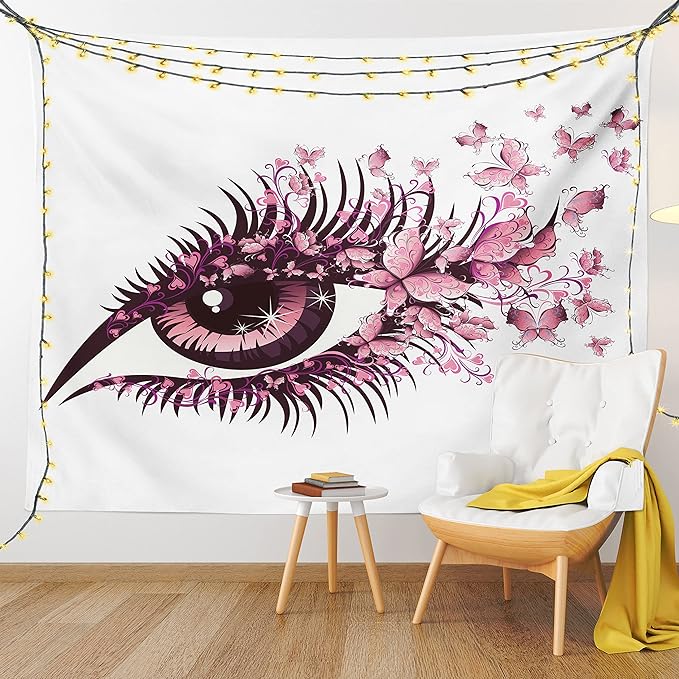 Ambesonne Butterflies Tapestry, Female Eye Eyelashes Mascara Stare Party Makeup Animal Print, Fabric Wall Hanging Decor for Bedroom Living Room Dorm, 28" X 23", Pale Pink Purple