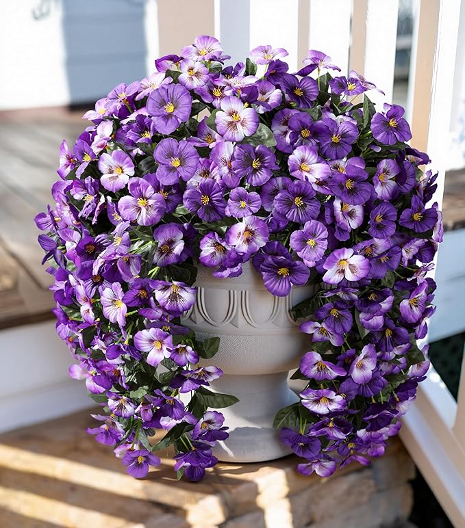 HyeFlora Artificial Flowers for Outdoors 2pcs Faux Silk Pansy Vines Lush UV Resistant Fake Hanging Flower Plants for Outside Porch Yard Patio Window Box (Dark Purple)