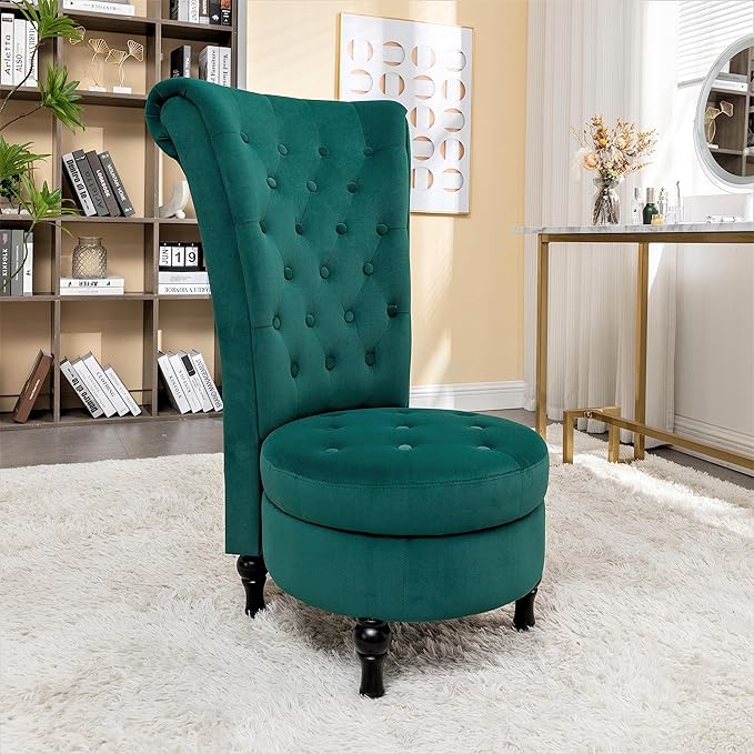 Royal High-Back Velvet Accent Chair for Vanity with Storage and Luxurious Upholstery, Retro Design and Versatile Usage for Living Room, Bedroom, Lounge and Office, Green