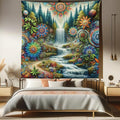 Ambesonne Trippy Tapestry Queen Size, Scenic Waterfall with Wonderland Woods and Psychedelic Mandala Flowers, Wall Hanging Bedspread Bed Cover Wall Decor, 88" X 88", Olive Green Multicolor