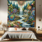 Ambesonne Trippy Tapestry Queen Size, Scenic Waterfall with Wonderland Woods and Psychedelic Mandala Flowers, Wall Hanging Bedspread Bed Cover Wall Decor, 88" X 88", Olive Green Multicolor