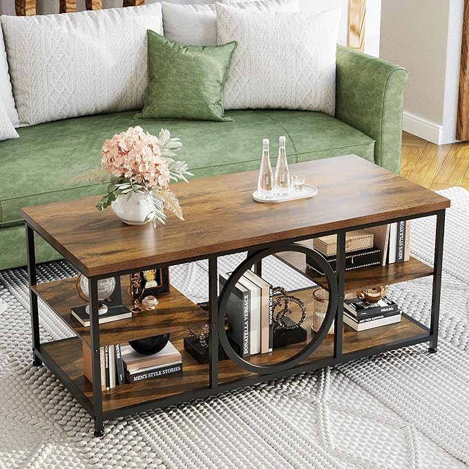Coffee Table for Living Room 47" Center Table with Round Middle Design 3-Tier Farmhouse Style Rustic Wood Coffee Table with Storage Open Shelf Space Saving Easy Assembly