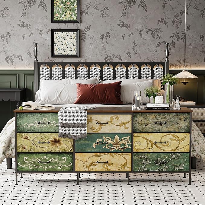 Tohomeor Dresser with Drawers for Bedroom Chest of Drawers Fabric Dresser for Closet,Nursery Entryway Hall Tree TV Stand for Living Room Retro Floral Pattern Drawers Wooden Top (Wide 9 Drawers)