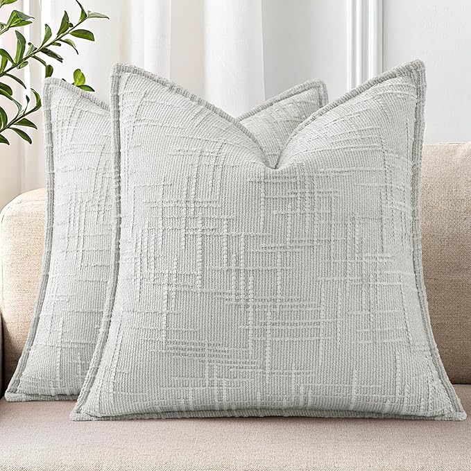 decorUhome Chenille Throw Pillow Covers 18x18 Set of 2, Thick Textured Slubby Neutral Decorative Pillow Covers with Elegant Design for Couch, Sofa, Living Room, Light Grey