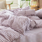 MooMee Gingham Duvet Cover Set 100% Washed Cotton Linen Like Textured Breathable Durable Soft Comfy Modern Checkered Design (Classic Gingham Light Purple, Oversized Full 82"x86")