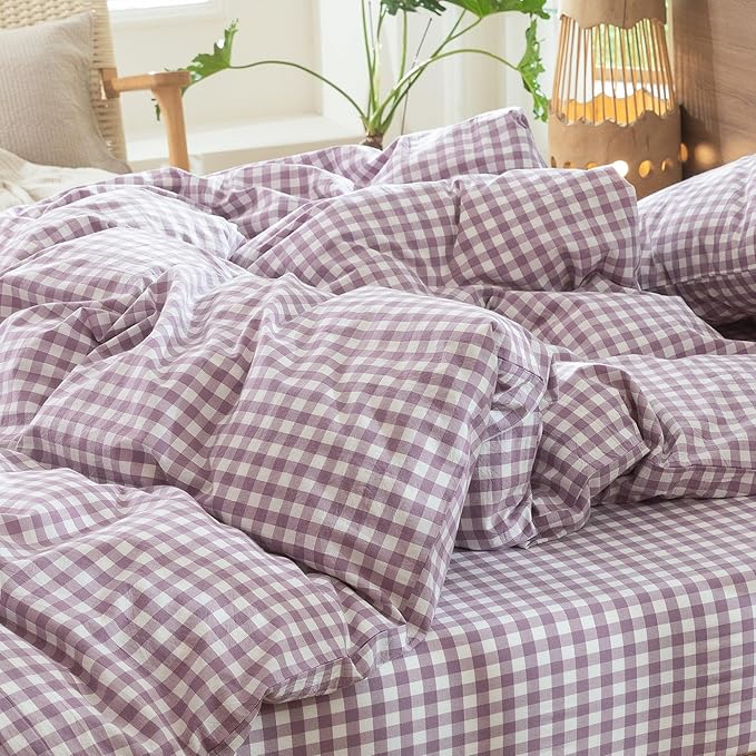 MooMee Gingham Duvet Cover Set 100% Washed Cotton Linen Like Textured Breathable Durable Soft Comfy Modern Checkered Design (Classic Gingham Light Purple, Oversized Full 82"x86")