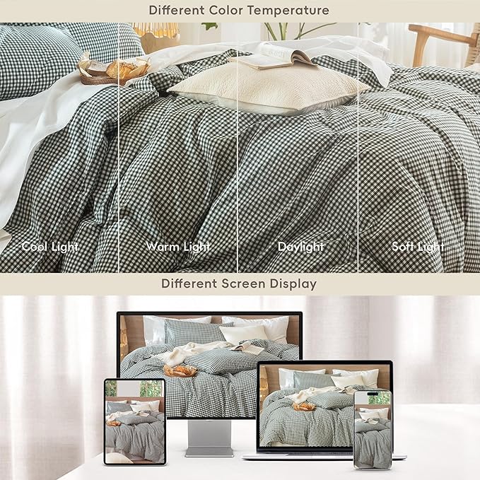 MooMee Gingham Duvet Cover Set 100% Washed Cotton Linen Like Textured Breathable Durable Soft Comfy Modern Checkered Design (Mini Gingham Forest Green, King 104"x90")