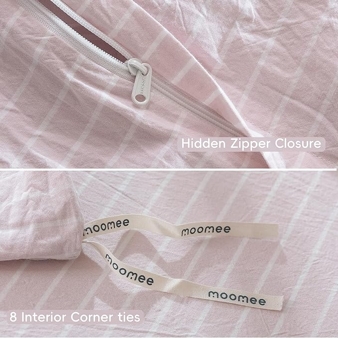 MooMee Striped Duvet Cover Set 100% Washed Cotton Linen Like Textured Breathable Durable Soft Comfy (Heathered Greyish Pink White Wide Stripes, Full 80"x90")