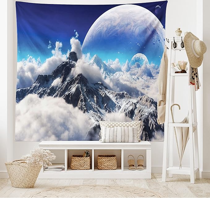 Ambesonne Fantasy Tapestry King Size, Celestial View of Snow Capped Mountains and Alien Planet Print, Wall Hanging Bedspread Bed Cover Wall Decor, 104" X 88", White and Navy Blue