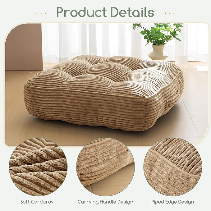 6" Washable Floor Pillow Cushion for Adults, Meditation Cushion Pillow, Large Square Floor Sitting, Removable Tufted Corduroy Cover, for Tatami Living Room or Yoga, 22x22 Inch, 2Pack, Machine Washable