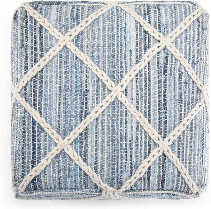 SIMPLIHOME Cowan Square Pouf - 20 inch Wide Handloom Woven Wool and Cotton Ottoman in Blue and Natural, Contemporary Footstool or Extra Seating for Living Room, Bedroom, or Kids Room, Assembled