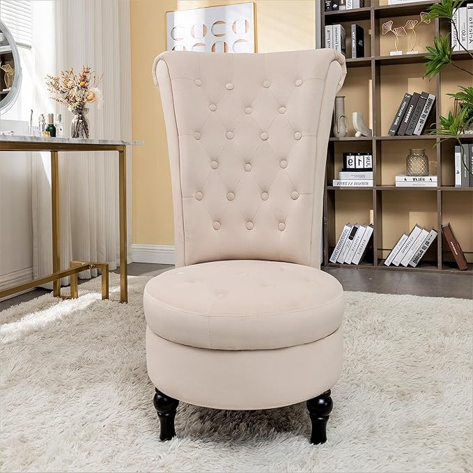 Royal High-Back Velvet Accent Chair for Vanity with Storage and Luxurious Upholstery, Retro Design and Versatile Usage for Living Room, Bedroom, Lounge and Office, Ivory