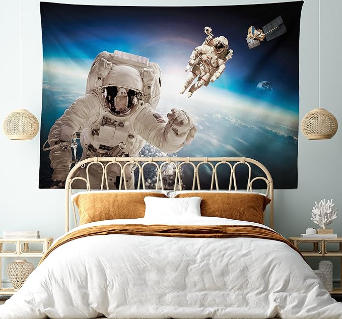 Ambesonne Outer Space Tapestry, Cosmonaut Crew in Universe Astronomy Atmosphere Astral Journey Inspired Image, Fabric Wall Hanging Decor for Bedroom Living Room Dorm, 45" X 30", Beige Blue