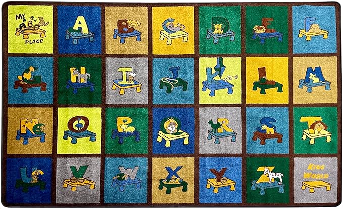 SAFECASTLE My ABC Place Earth Tone Alphabet Rug for Kids, 6'6" x 8'4", Educational Classroom Kids Carpet with Letters & Animals, Preschool Learning Area Rug for Daycare, Homeschool & Playroom