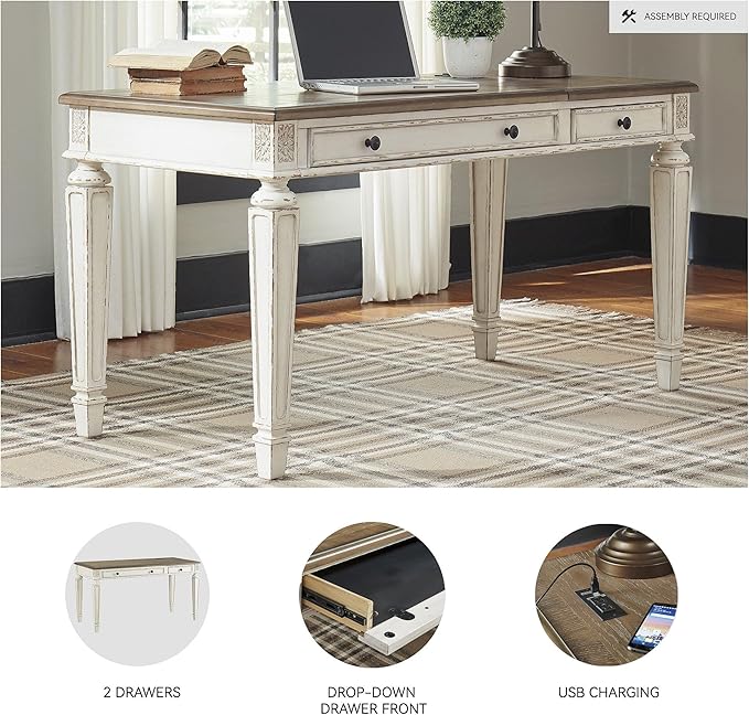 Signature Design by Ashley Realyn Home Office Lift Top Desk, USB Charging, Spring Lift Top, Smooth-gliding Drawer, 60" W x 28" D x 31" H, Chipped White and Brown