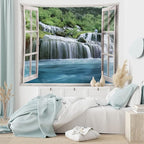 Ambesonne Waterfall Tapestry Queen Size, Majestic Waterfall Landscape Through a Window Imaginary Secret Paradise Print, Wall Hanging Bedspread Bed Cover Wall Decor, Queen Size, Blue Green