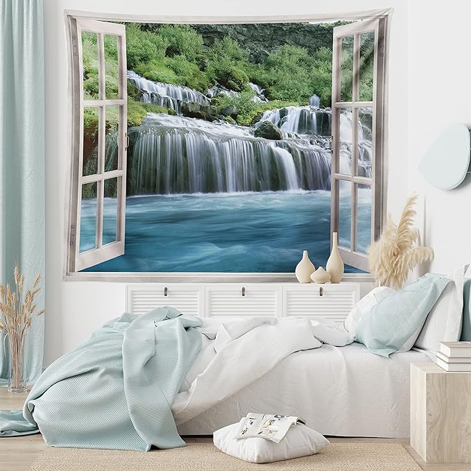 Ambesonne Waterfall Tapestry, Majestic Waterfall Landscape Through a Window Imaginary Secret Paradise Print, Fabric Wall Hanging Decor for Bedroom Living Room Dorm, 30" X 45", Blue Green