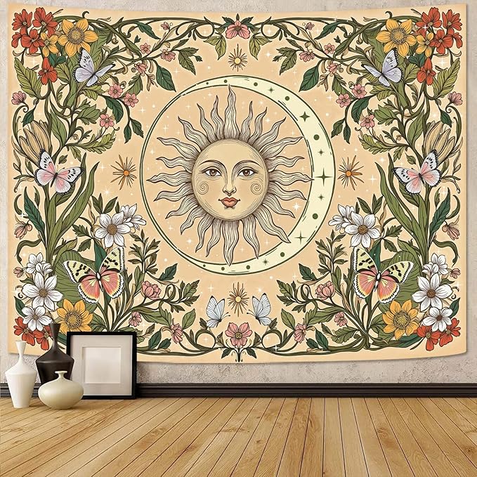 Accnicc Boho Sun and Moon Tapestry Vintage Floral Wall Tapestry for Bedroom Aesthetic Beige Celestial Plant Flower Butterfly Small Tapestries Wall Hanging for Living Room Dorm 48 x 36 Inch