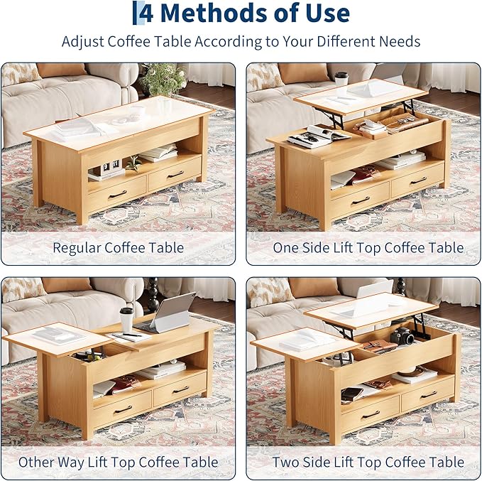 IDEALHOUSE 47.2" Coffee Table with Storage, Multi-Function Lift Top Coffee Table with Wooden Lift Tabletop, 2 Drawers and Hidden Compartment, Central Table for Living Room Home Office, Natural