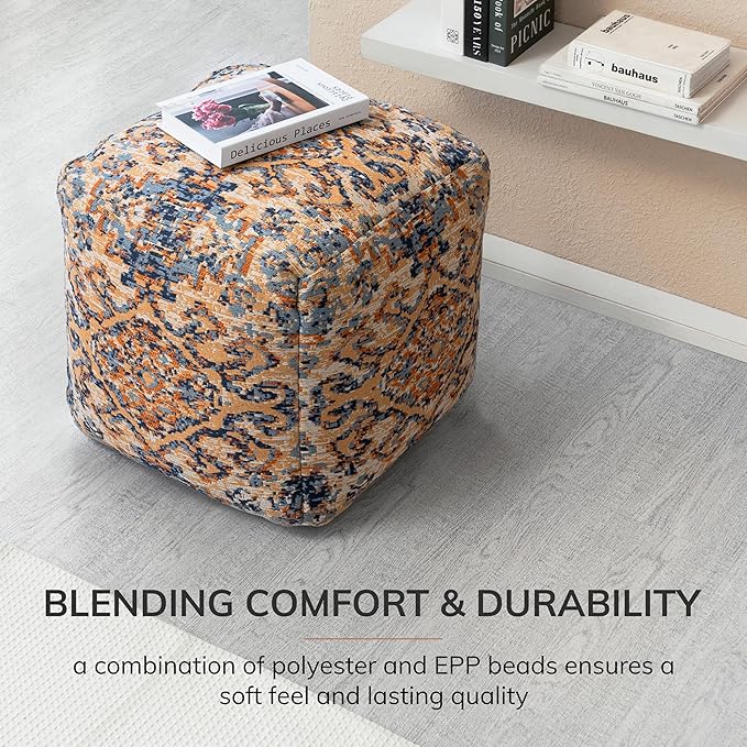 Anji Mountain 100% Handmade & Handcrafted Comfortable Home Décor Pouf Ottoman Footrest for Living Room, Bedroom, Nursery, Kidsroom, Patio Furniture - Tofino Orange