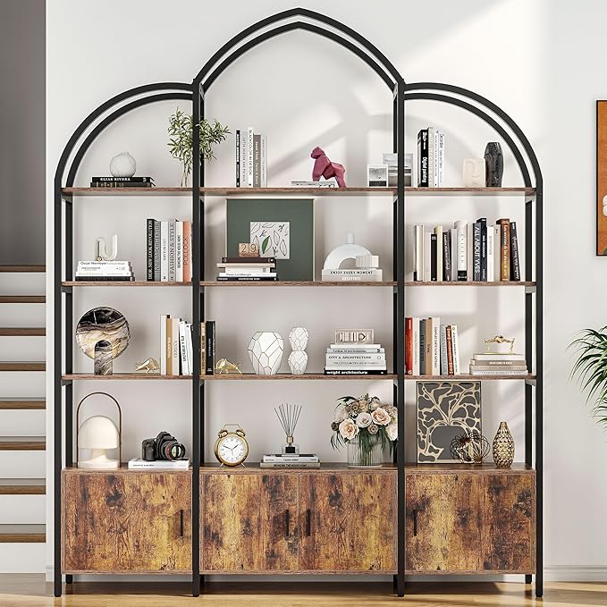 Semoic Arched Bookshelf and Bookcase with 3 Cabinets, Triple Wide 5 Tier Standing Book Shelf, Storage Display Rack Shelves, Industrial Open Bookshelf, Etagere Bookcase, Brown+Black