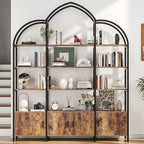 Semoic Arched Bookshelf and Bookcase with 3 Cabinets, Triple Wide 5 Tier Standing Book Shelf, Storage Display Rack Shelves, Industrial Open Bookshelf, Etagere Bookcase, Brown+Black