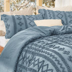 Bedsure Tufted Boho Comforter Set Queen Size - Dusty Blue Boho Bed Set, GentleSoft™ 3 Pieces Farmhouse Shabby Chic Embroidery Bedding, Gifts for Woman, Soft Jacquard Queen Comforter for All Seasons