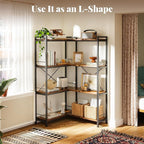 Huuger 4 Tier Bookshelf, L Shaped Corner Bookshelf with 8 Open Shelves, 49.4 Inch Straight Wide Bookcase with Metal Frame and Wooden Board, Adjustable Feet, Rustic Brown